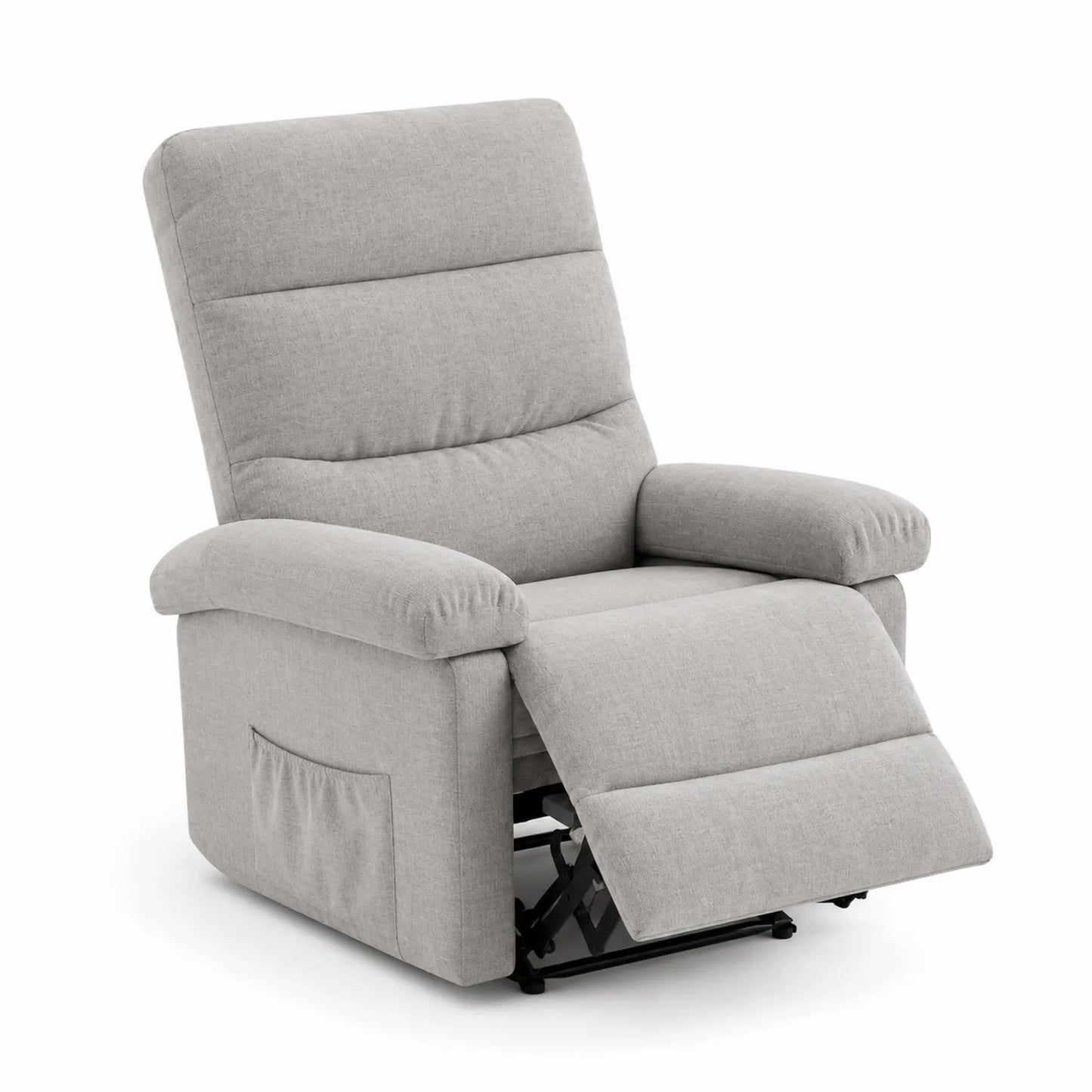 Sillón reclinable de poliéster gris con reposapiés y bolsillo lateral