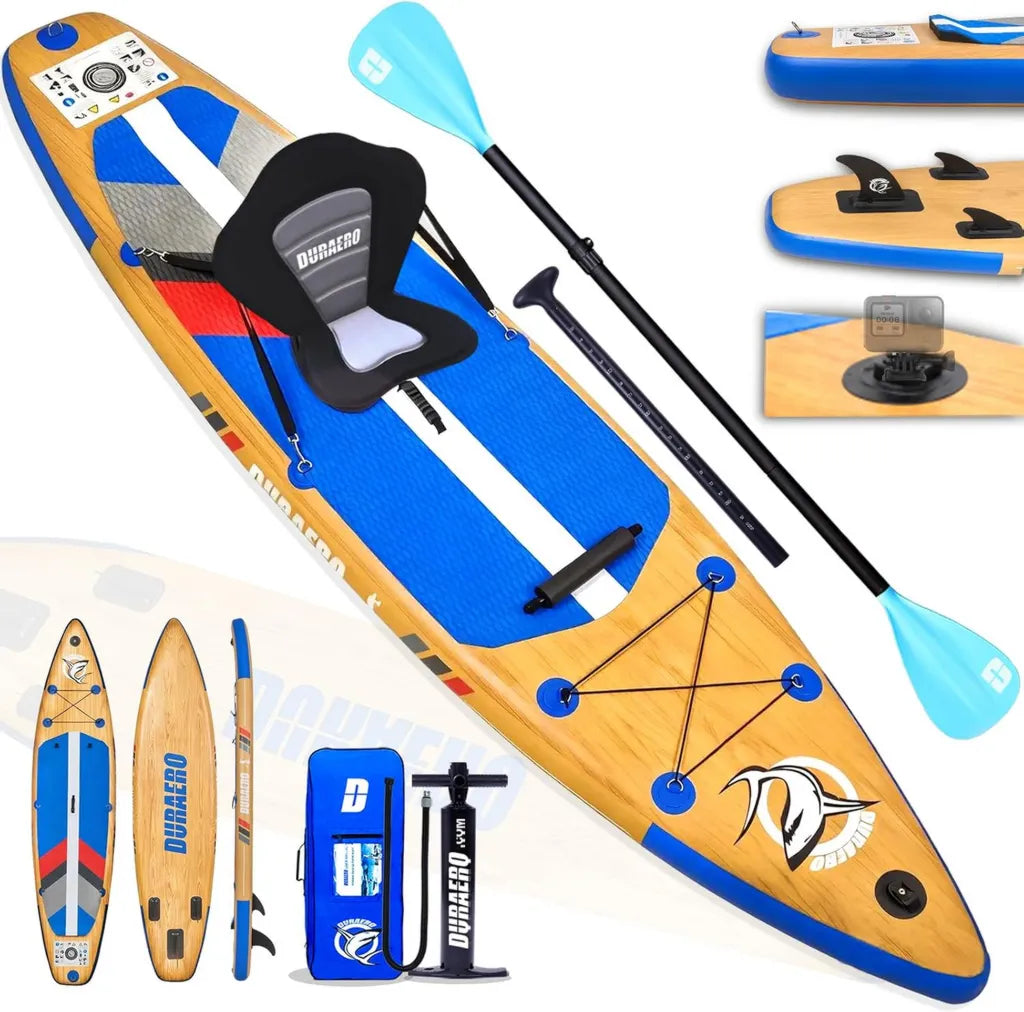Tabla de Paddle Surf Hinchable DURAERO XXL 330 cm, Incluye Asiento de Kayak y Remo Doble, Accesorios Completos y Soporte para Cámara, Capacidad 150 kg, Diseño Madera