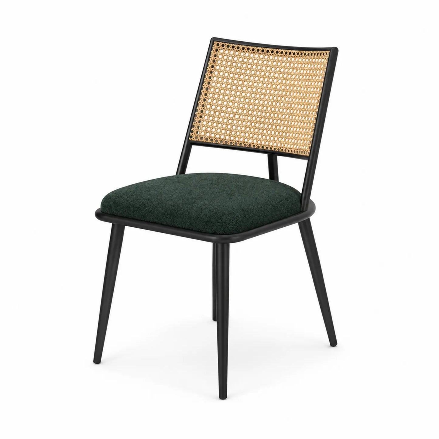 Silla de metal con respaldo de mimbre y asiento de tela verde