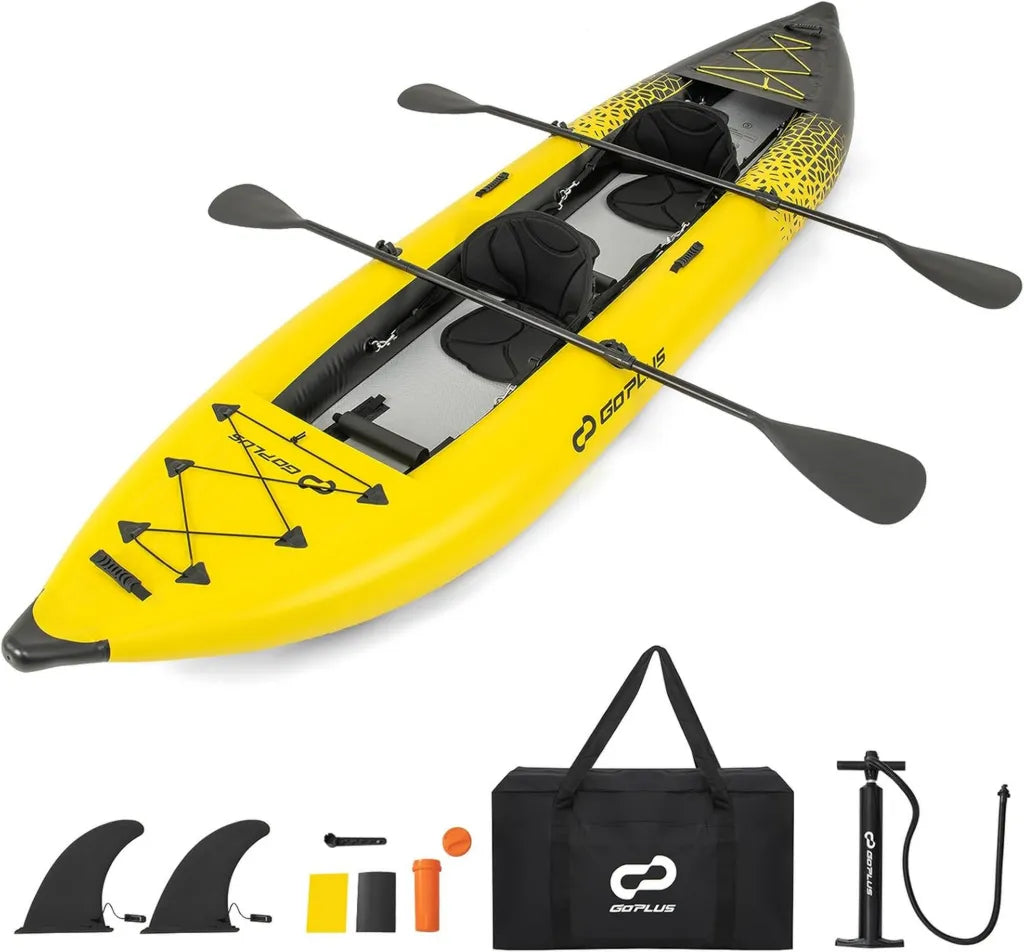 Kayak inflable para 2 personas Goplus, capacidad 230 kg, remos de aluminio, asiento EVA, aletas, bomba y bolsa de transporte