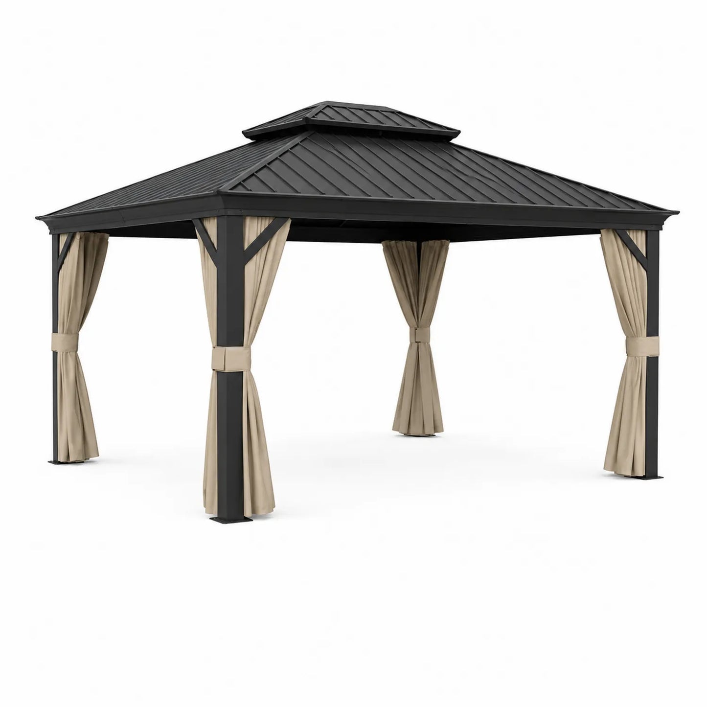 Pérgola de aluminio con techo de acero y cortinas de poliéster