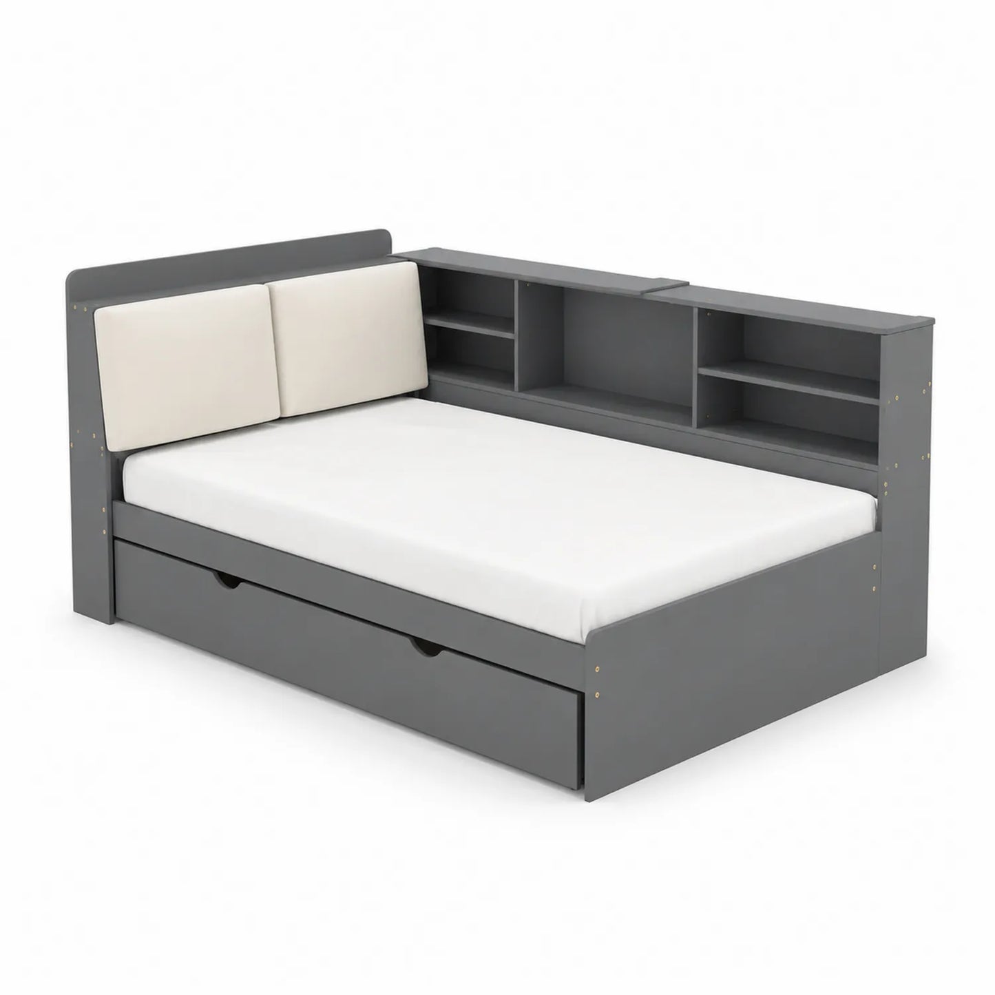 Cama individual de MDF gris con cajón y estantería integrada 200x90 cm