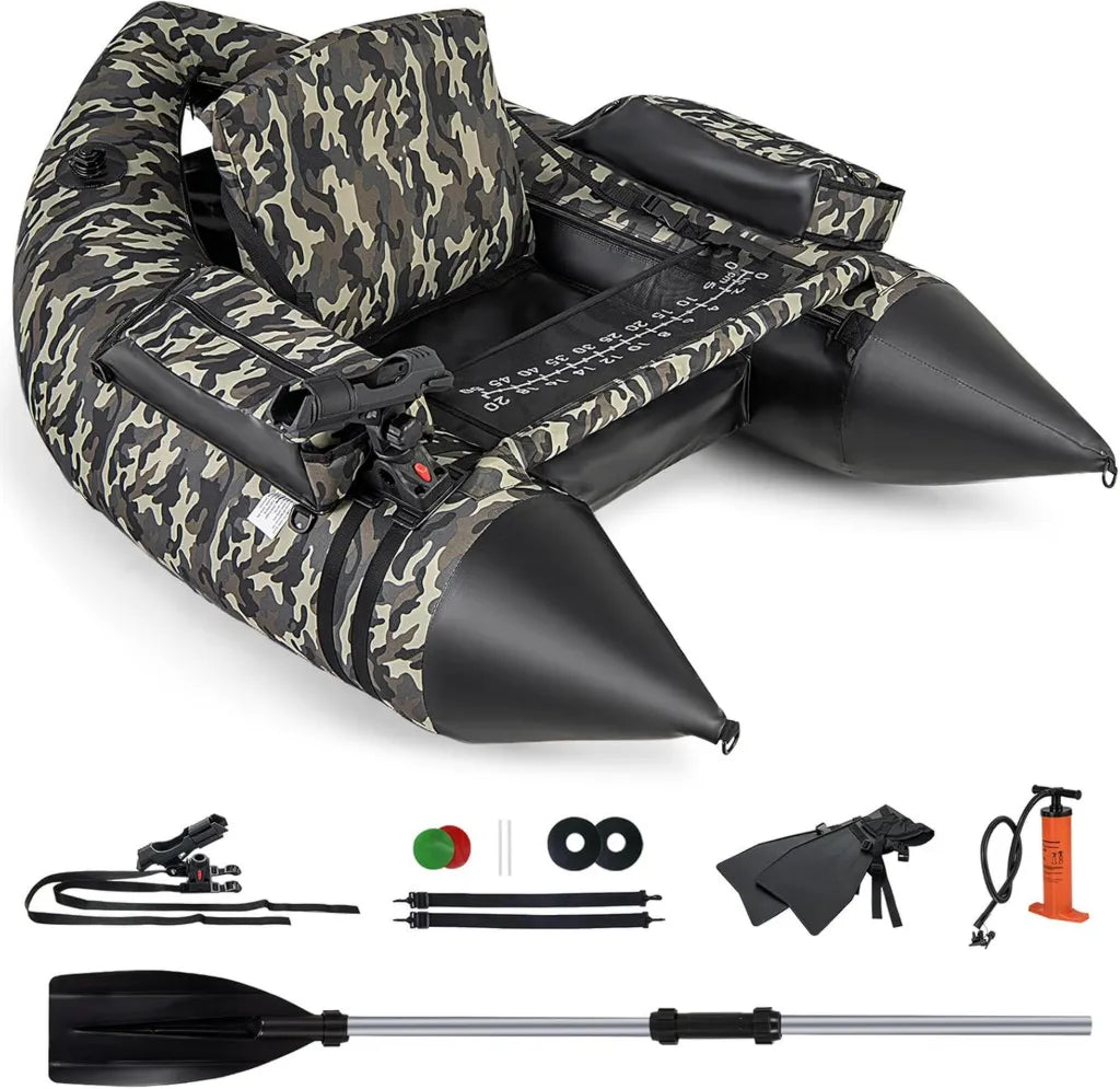 GOPLUS Barco Hinchable de Pesca con Asiento Ergonómico y Accesorios Completos, 150 KG Capacidad, Camuflaje