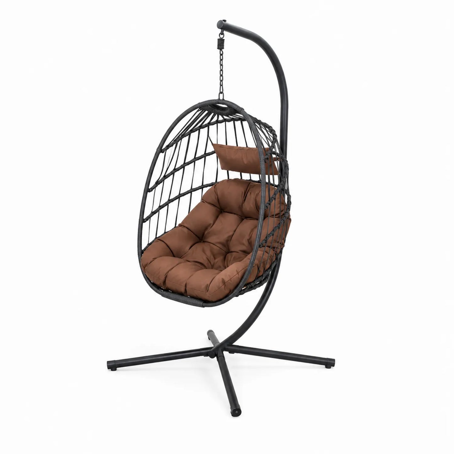 Silla colgante de exterior de metal con cojín marrón