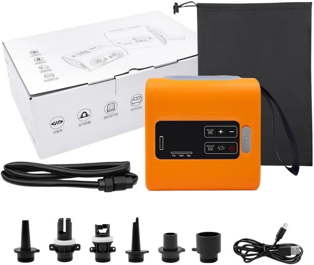 Compresor de Aire Recargable 22 PSI para Kayak y Camping, con 6 Boquillas, Inalámbrico y Portátil, Naranja