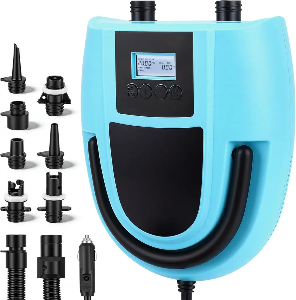 Inflador Eléctrico de Alta Presión 12V para SUP con Apagado Automático y Pantalla Digital, 7 Boquillas Incluidas