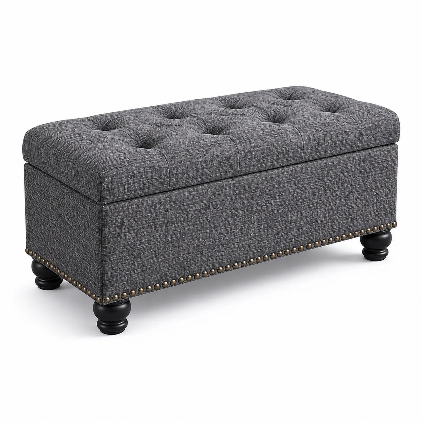 Banco de almacenamiento de tela gris con patas de madera