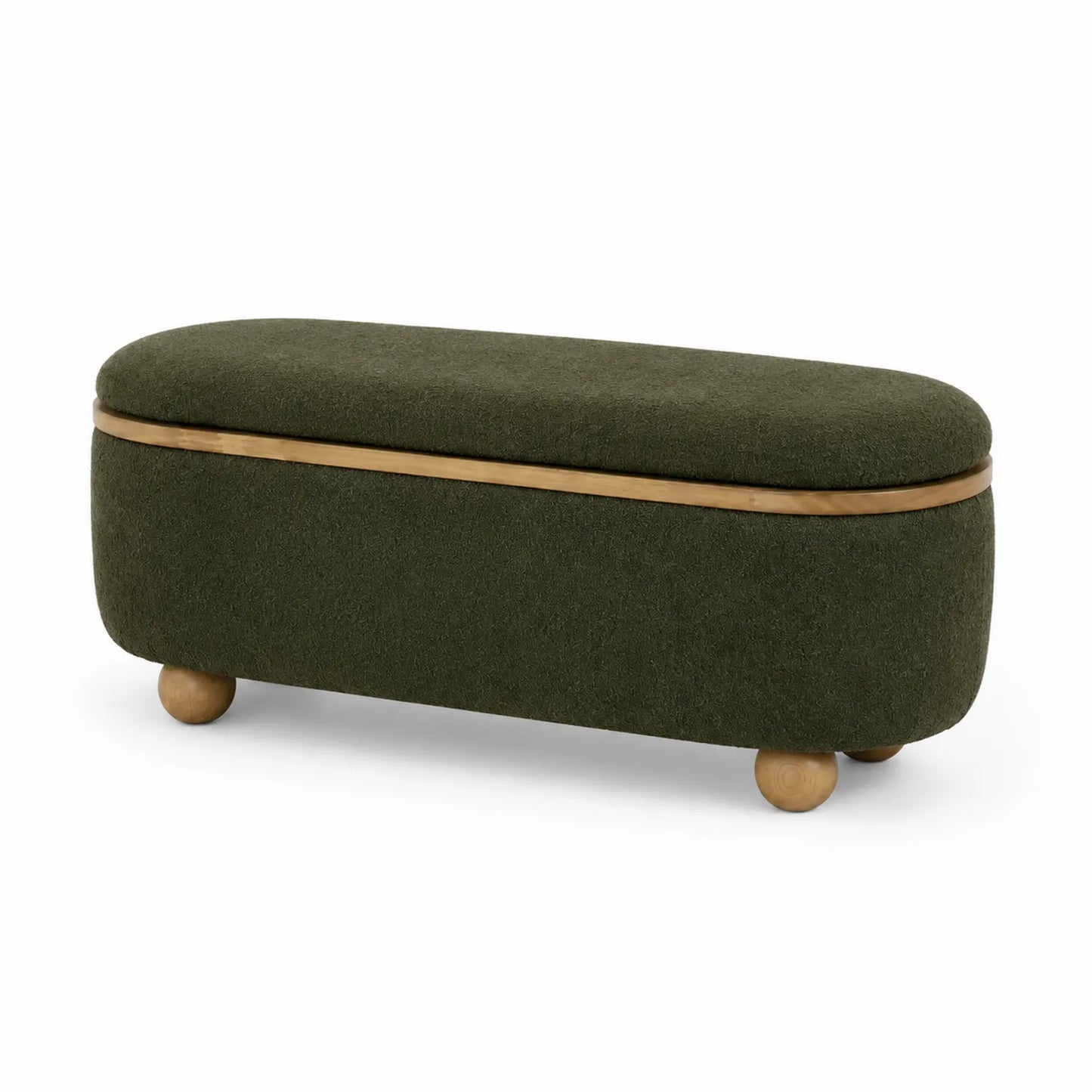 Banco de tela verde oscuro con patas de madera