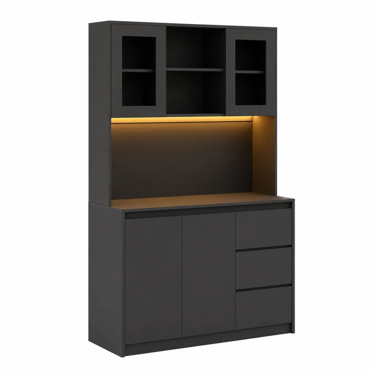 Aparador de cocina con puertas y cajones negro MDF y LED 150x40x200 cm
