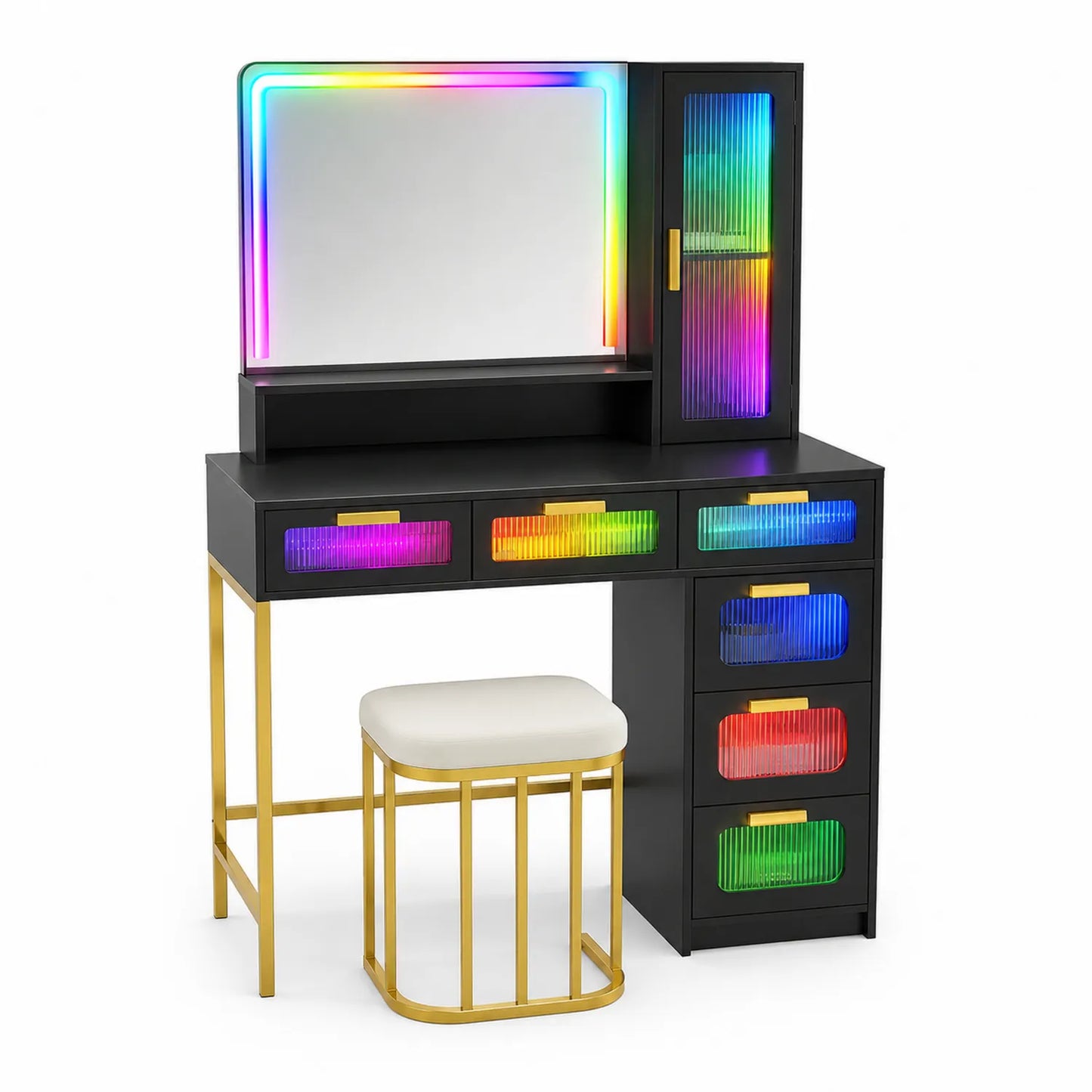 Tocador con Espejo LED RGB, MDF y Metal, Negro con Dorado
