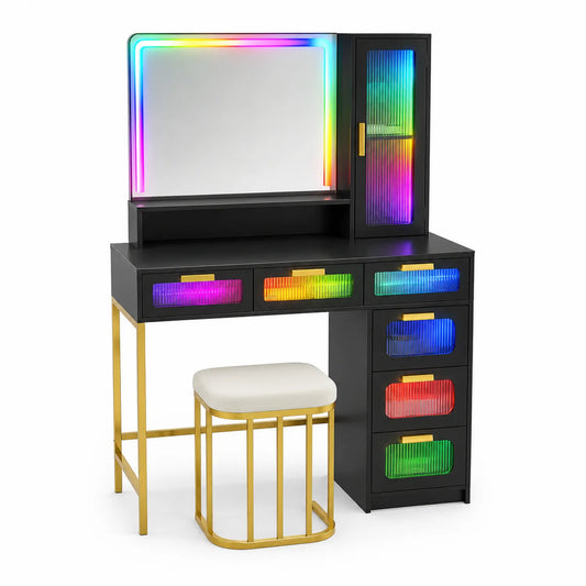 Tocador con Espejo LED RGB, MDF y Metal, Negro con Dorado