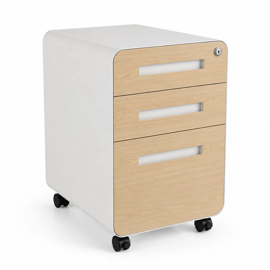 Archivador de Acero y Madera con Ruedas, 3 Cajones, Blanco y Roble