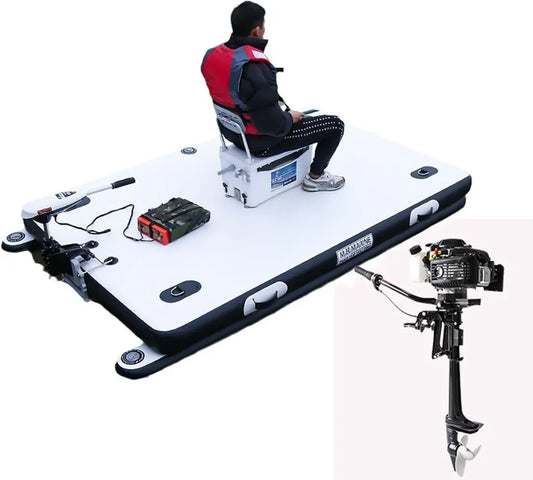 Plataforma flotante con motor de gasolina para pesca, soporta 500 kg, ideal para actividades acuáticas