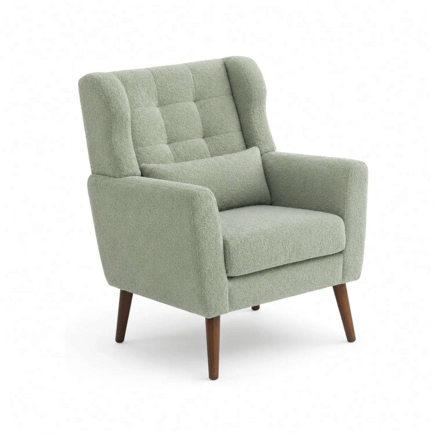 Sillón de tela bouclé verde con patas de madera