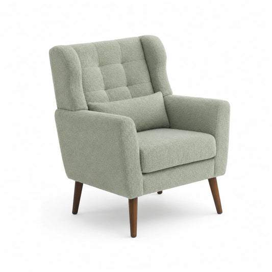 Sillón de tela bouclé verde con patas de madera