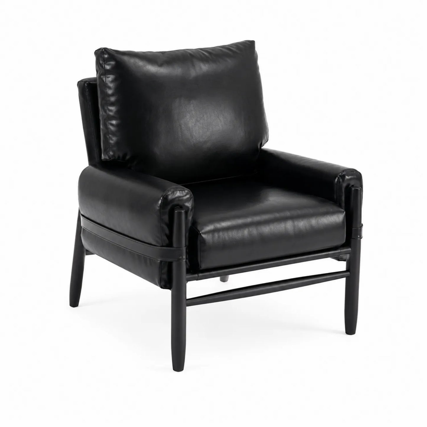 Silla de cuero sintético negro con estructura de madera