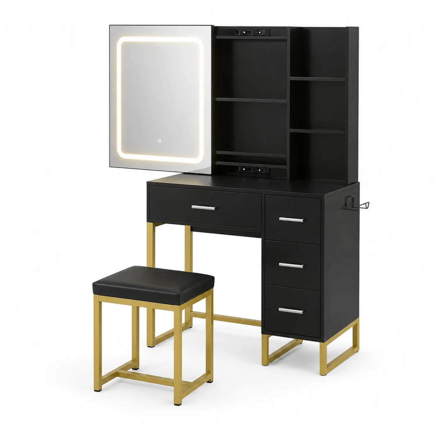 Tocador de Metal y Madera con Espejo LED y Taburete, Negro/Dorado