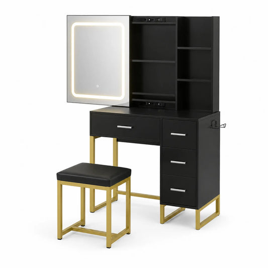Tocador de Metal y Madera con Espejo LED y Taburete, Negro/Dorado
