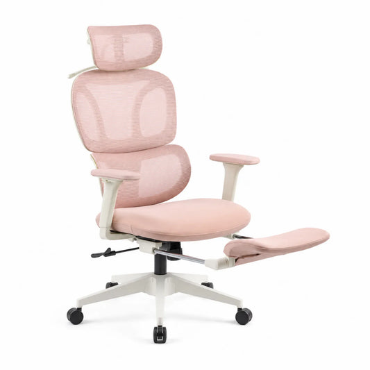 Silla de oficina ergonómica ajustable con reposapiés de malla rosa