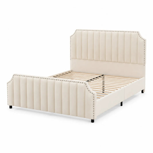 Cama doble de madera con revestimiento de poliéster beige 200x160 cm