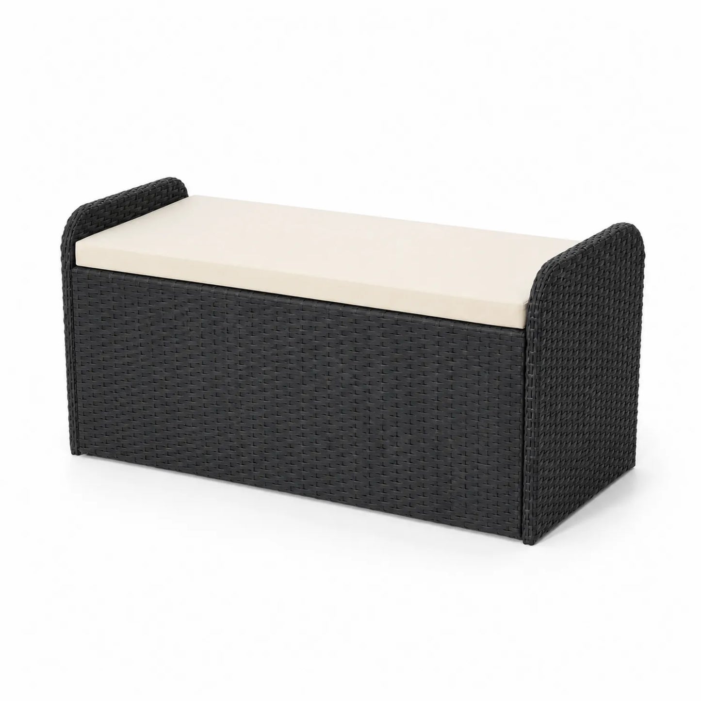 Banco de almacenamiento de ratán sintético negro con cojín beige