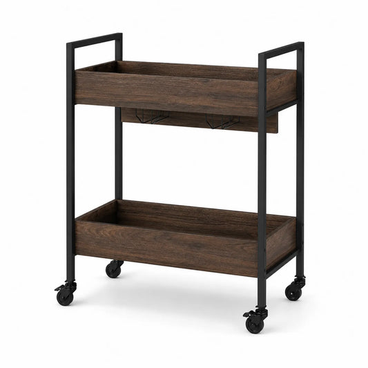 Carrito de Madera y Metal con Ruedas de Acero y Roble 60x35x80 cm Marrón/Negro