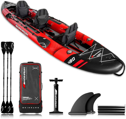Kayak inflable rojo SKINHAWK 480 para 3 personas, 480x96 cm