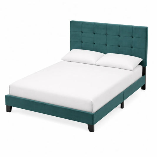 Cama de madera con cabecero tapizado en tela verde 200x160 cm