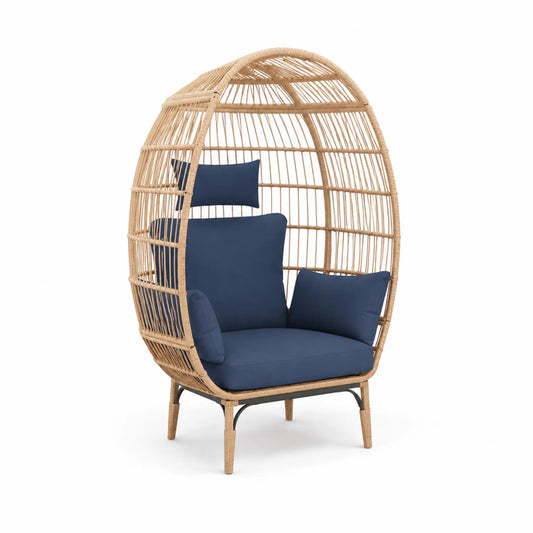 Sillón de Exterior en Forma de Huevo de Ratán Sintético con Cojines Azul