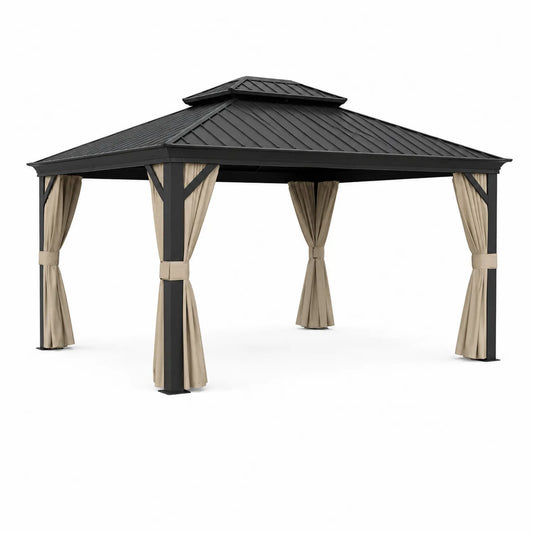 Pérgola de aluminio con techo de acero y cortinas de poliéster