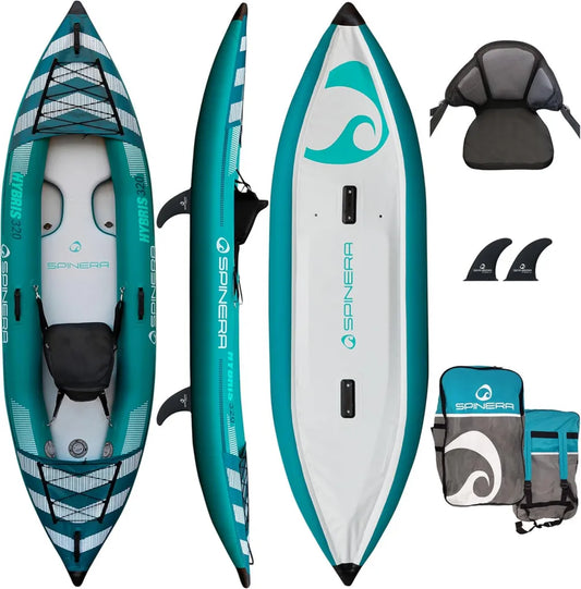 Kayak Inflable SPINERA HYBRIS 320 para Aventura, Color Teal/Blanco/Gris