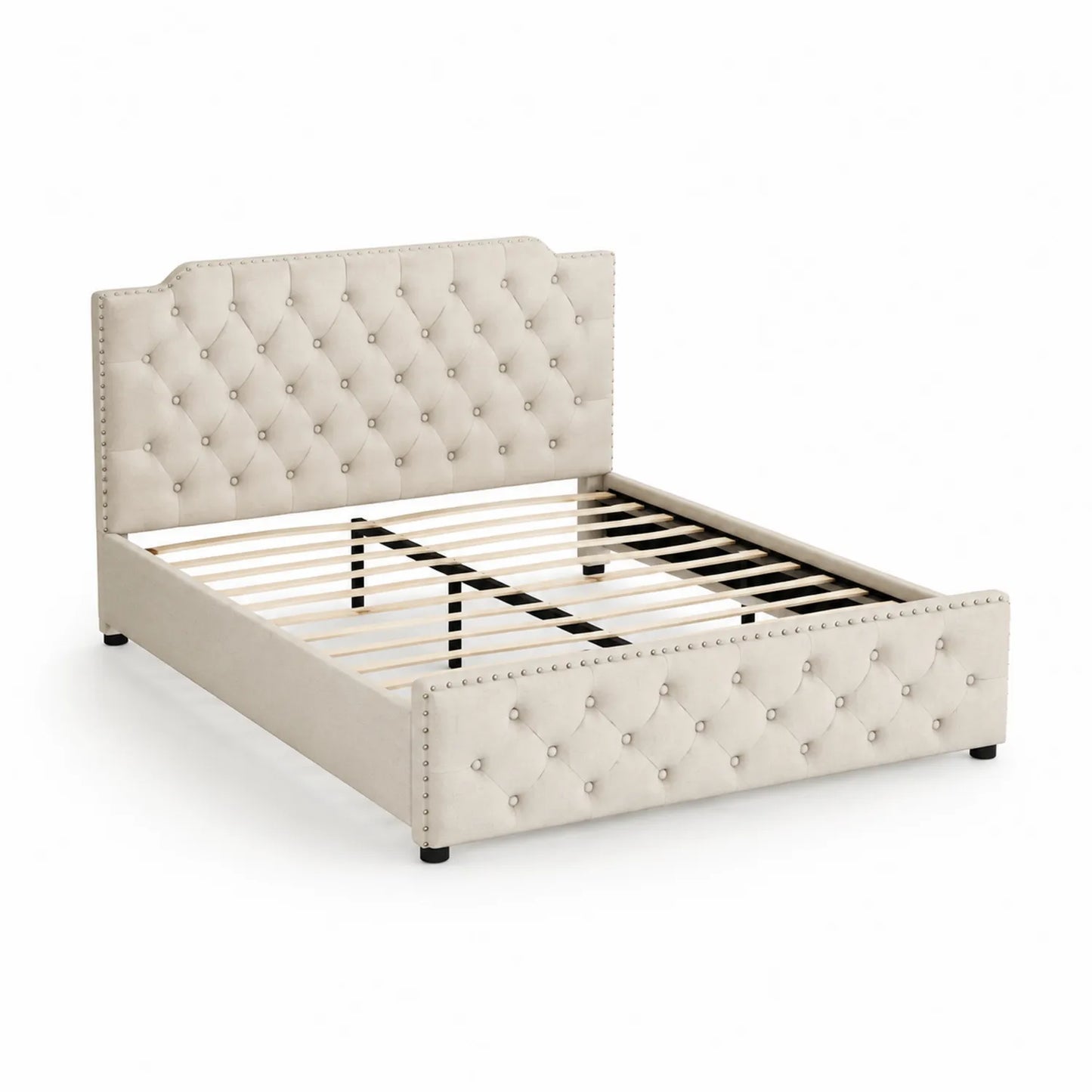 Cama tapizada con cabecera y botones de poliéster beige 200x150 cm