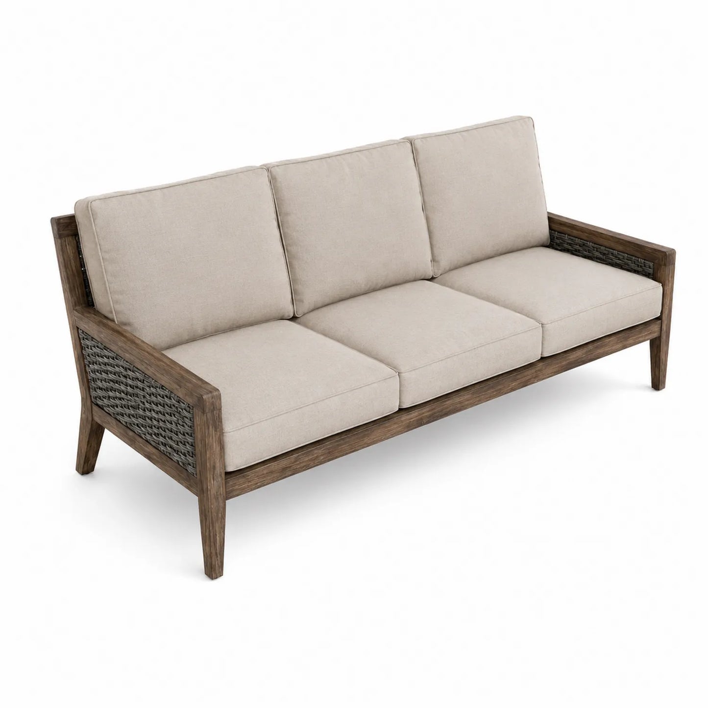 Sofá de tres plazas de madera y ratán sintético con cojines beige