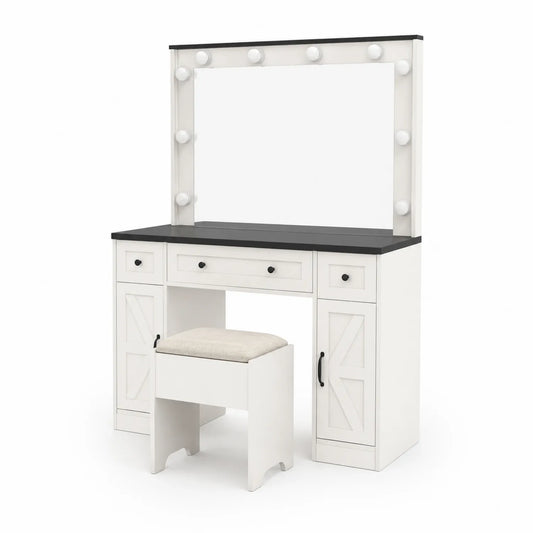 Tocador de MDF con espejo y luces LED 140x50x150 cm Blanco y Negro con taburete