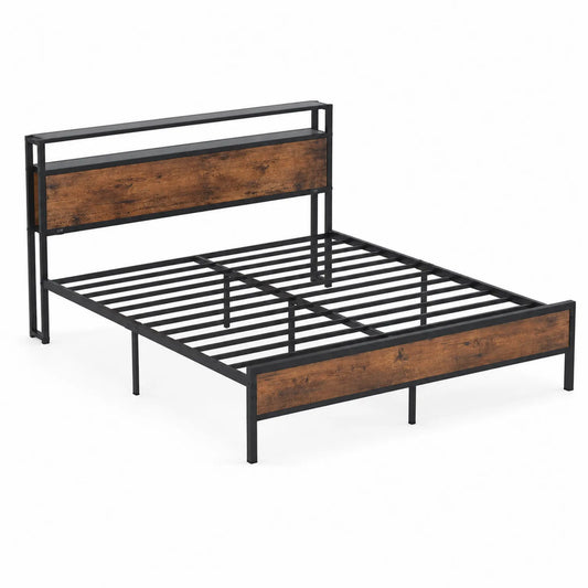 Cama doble de acero y madera contrachapada 200x150 cm Negro/Marrón