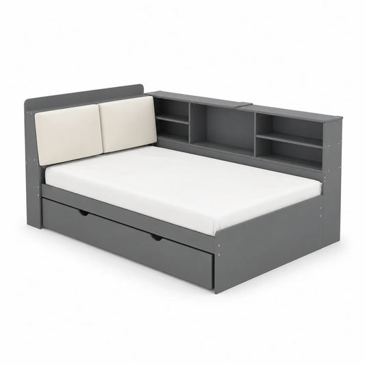 Cama individual de MDF gris con cajón y estantería integrada 200x90 cm