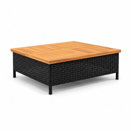 Mesa de centro de exterior 90x90x25 cm madera y mimbre PE negro