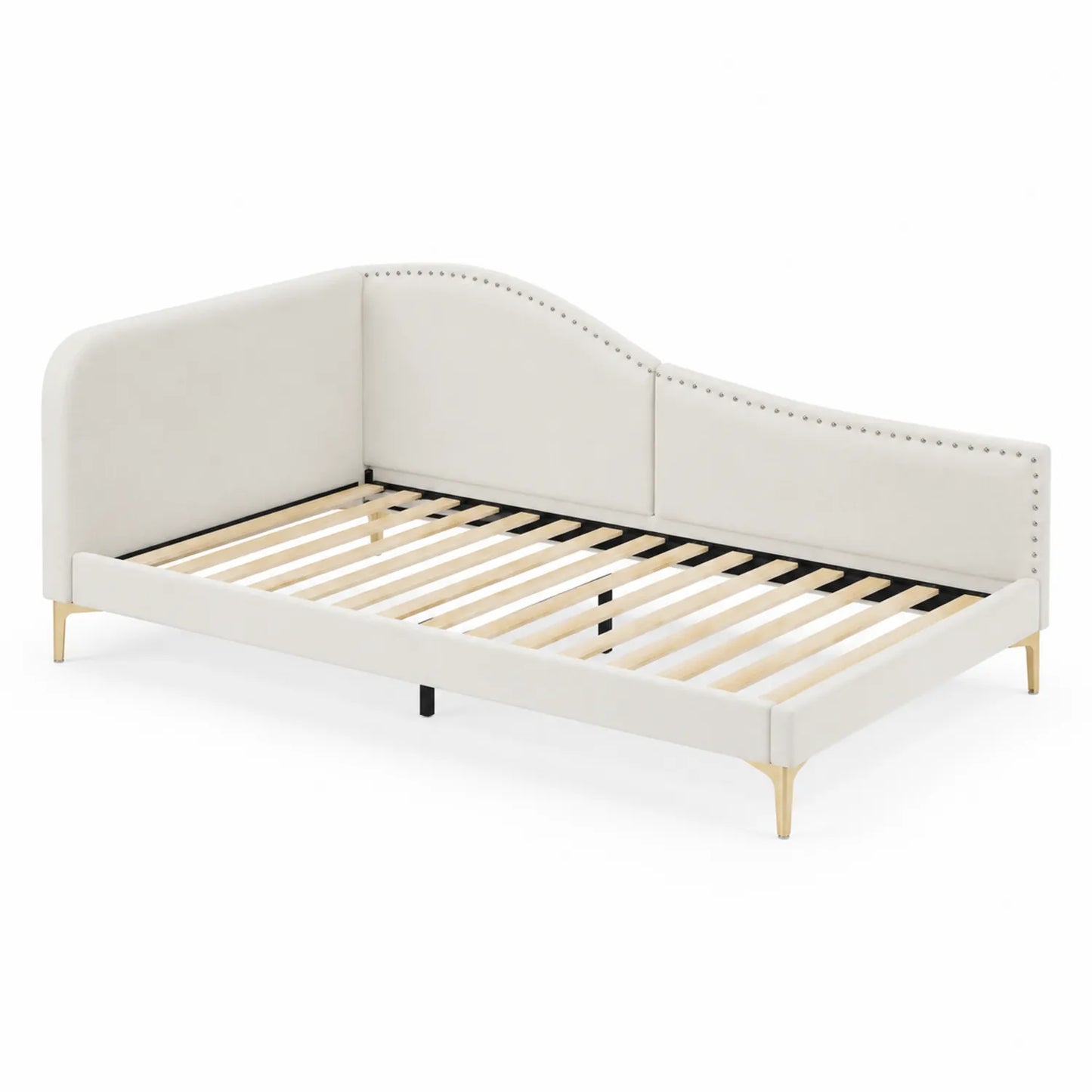 Cama de día tapizada en cuero sintético crema con respaldo curvado