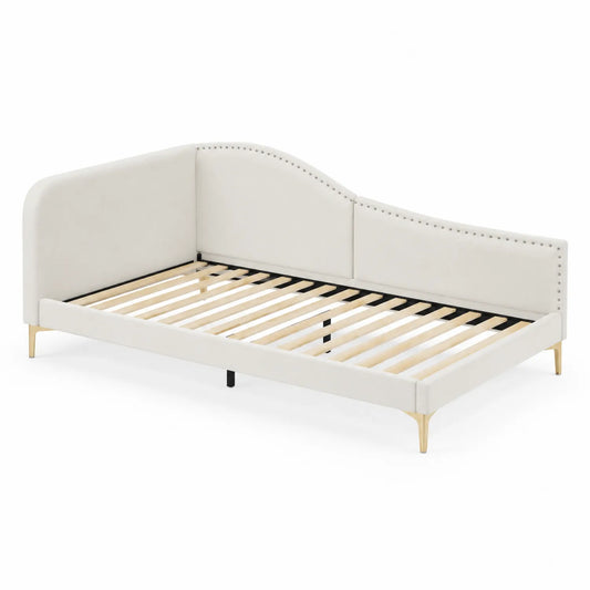 Cama de día tapizada en cuero sintético crema con respaldo curvado