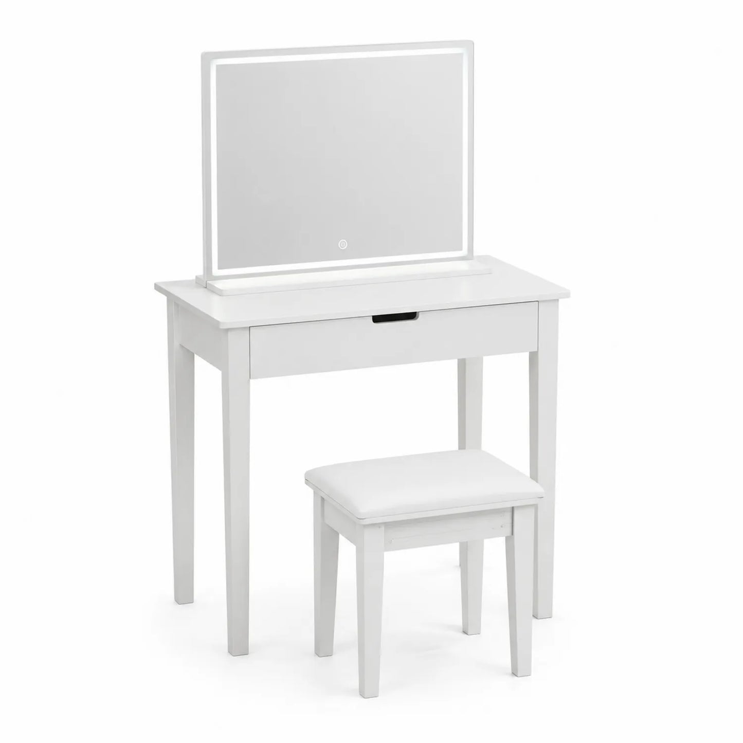 Conjunto de Tocador de Madera con Espejo LED y Taburete - Blanco