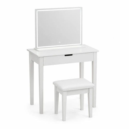 Conjunto de Tocador de Madera con Espejo LED y Taburete - Blanco