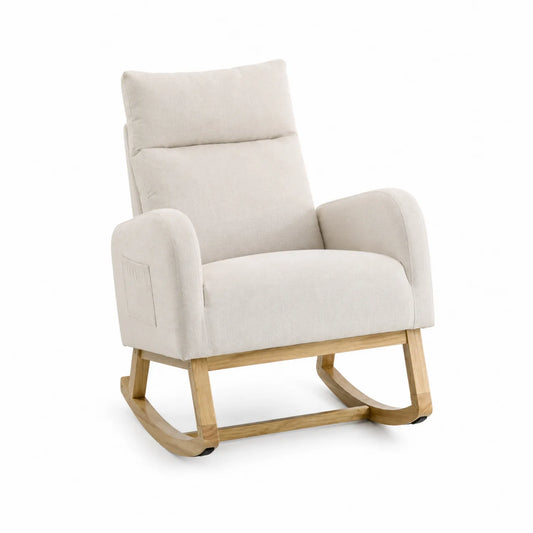 Sillón mecedora de tela beige y madera