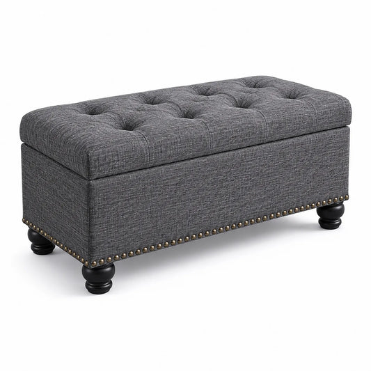 Banco de almacenamiento de tela gris con patas de madera