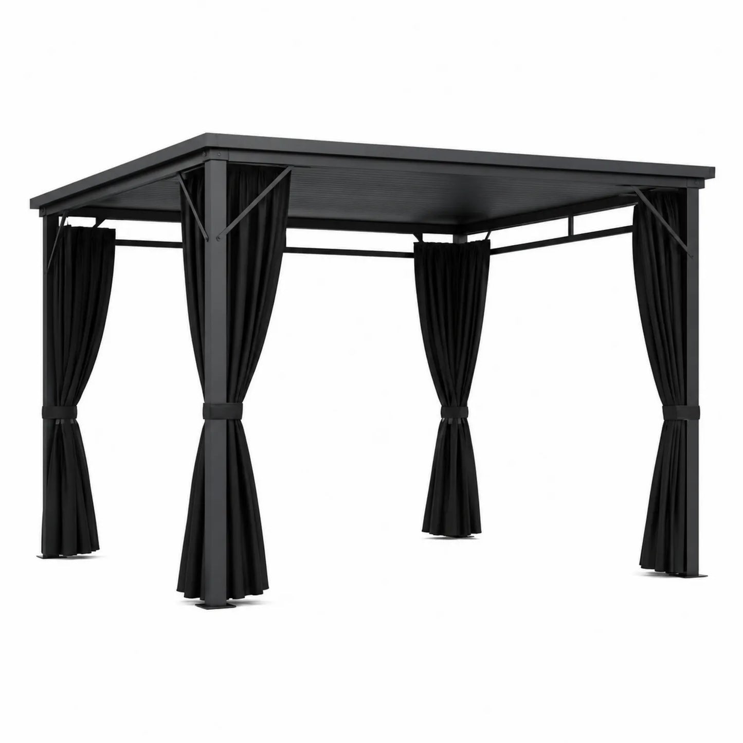 Pérgola de aluminio con cortinas de poliéster negro