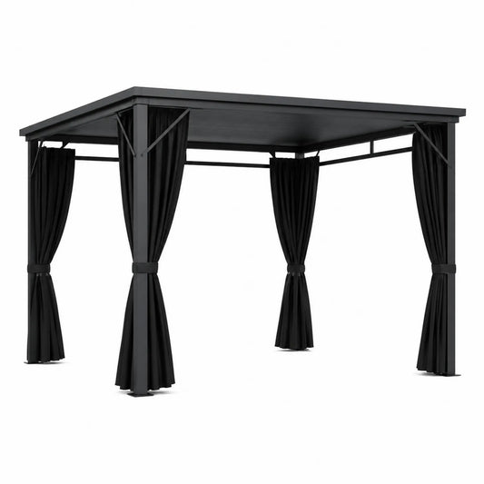 Pérgola de aluminio con cortinas de poliéster negro