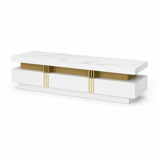 Mesa de TV de Madera MDF con Superficie de Mármol Blanco y Detalles Dorados