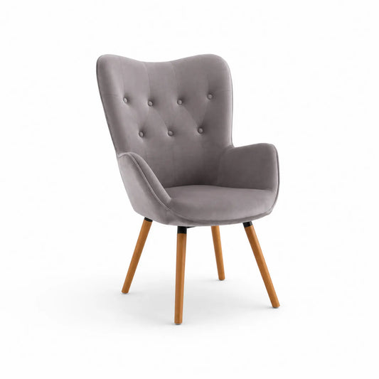 Silla de comedor de tela gris con patas de madera