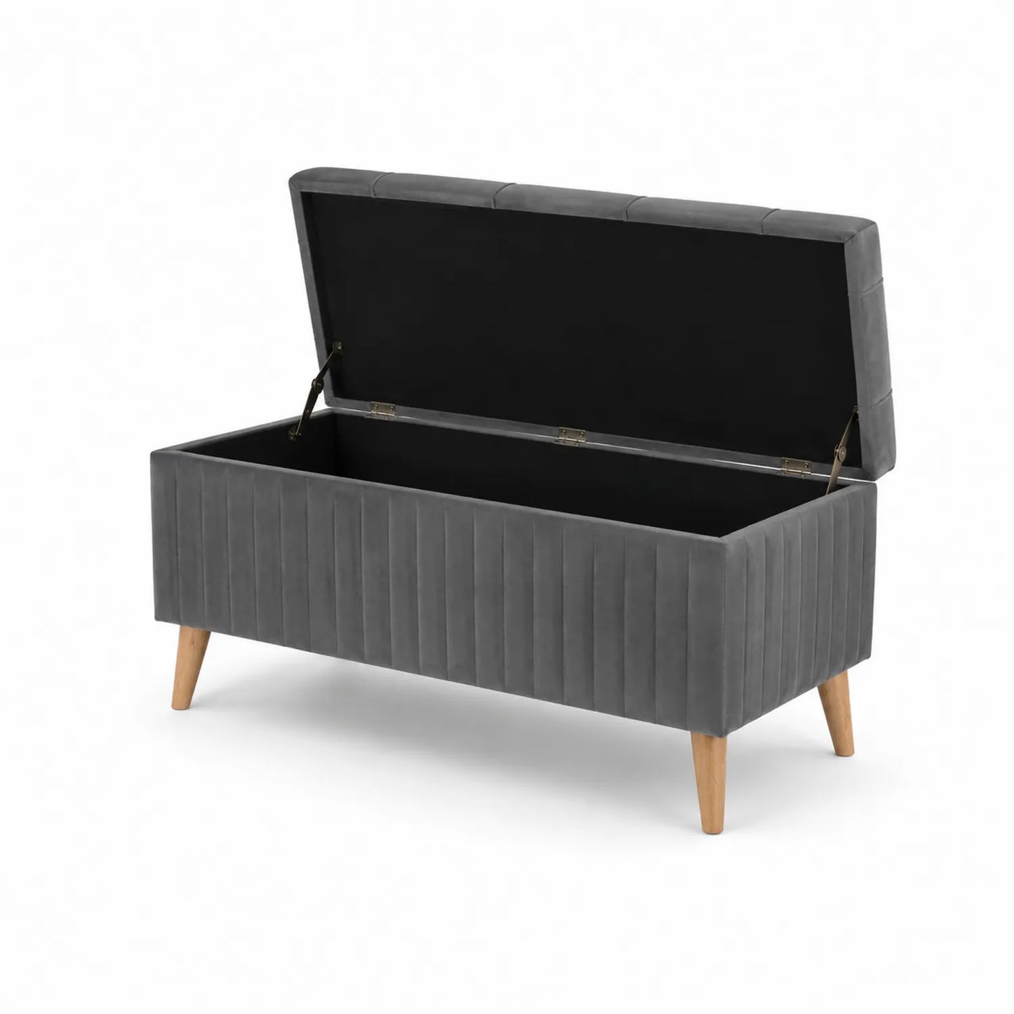 Banco de almacenamiento de tela gris con patas de madera
