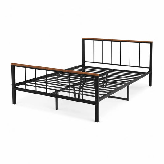 Cama doble de metal con detalles en MDF, 200x150x90 cm, Negro y Marrón