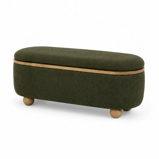 Banco de tela verde oscuro con patas de madera